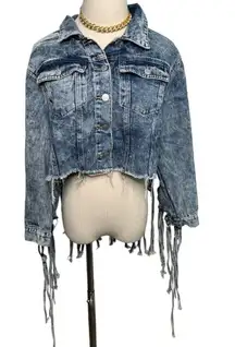 Thrill Jeans acid wash destroyed knotted fringe cropped denim jacket size M