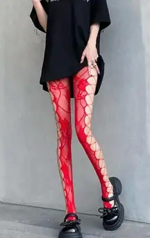 Red Floral Jacquard Fishnet Tights Hollow Out High Waist Mesh Pantyhose One Size