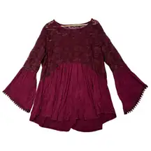 Signature 1 Studio Womens Babydoll Top Lace Burgundy Bell Sleeves Plus Sz 1X Y2K