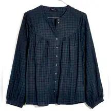 Madewell Women’s Green/Navy Plaid Balloon‎ Sleeve Button Down Peasant Top Sz Med