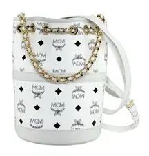 MCM New White Logo Mini Aren Backpack Purse With Chain