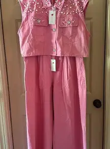 L'ATISTE Pink Pearl & Rhinestone Sleeveless Button Down Jacket and Wide Leg Pant