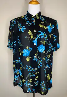 Dressbarn Black Blue Floral Silky Blouse Sz 14W