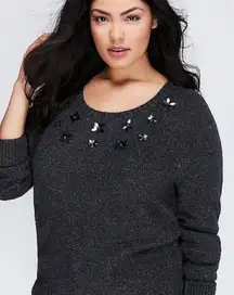Share Lane Bryant Jeweled Floral Knit Sweater 26/28 Charcoal Gray Wool Blend