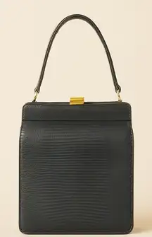 Vintage Black Lizard Embossed Leather Top Handle Frame Bag Gold Hardware 9.5x7