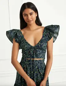 Hill House Home The Alexa Top Cropped Floral Print V-Neck Navy Blue Green S