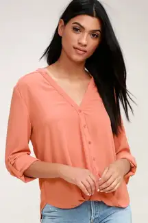 Lulus Rush Hour Coral Pink Button-Up Top Woven V-Neck Loose Blouse Womens Size L