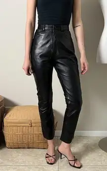 vintage 90s black leather high waisted tapered mom biker pants by rom garson