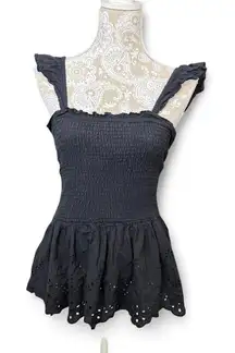 Japan Smocked Black Eyelet Tank Top Cottage Core Classy Peplum Soft Girl Size  M