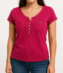 Hollister Y2K Baby Tee Pink Henley Pocket T Shirt Short Sleeve Preppy Sz Small