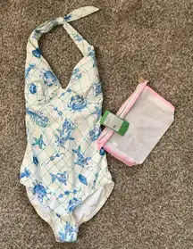 Lilly Pulitzer Sea Critter Blue White Tally 1 piece Swimsuit 0 XS New Mesh bag