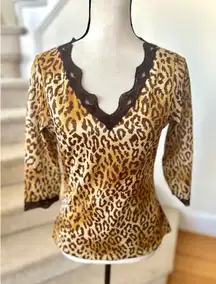 INC Y2K Brown Tan Leopard Animal Print Cheetah Lace Sparkle V-Neck Top