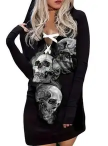 Skull Print Cross V Neck Drawstring Long Sleeve Hoodie Sweatshirt Dress