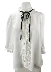 NEW J.ING White Tie Neck Ruffles Button Down Long Sleeve Blouse Shirt Top Size S