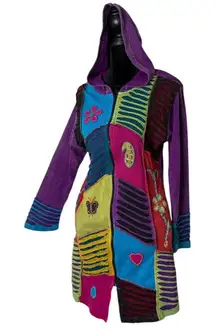Patchwork Womens‎ M Zip Up Long Hoodie Jacket Distressed BOHO Hippie Artsy