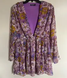 Nasty Gal Womens Size 10 Sunflower Lilac Floral Print Pleated Plunge Mini Dress