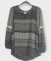 Pink Owl Black Patchwork Print Boho Blouse with Lantern Sleeves Size Medium