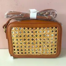 Francesca’s Collections Brown Faux Leather Back Woven Front Crossbody Bag NWT