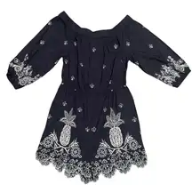 Farm Rio for Anthropologie Pineapple Embroidered Linen Romper Size Small Navy
