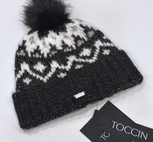 NWT TOCCIN Asher Fair Isle Beanie Black White Sparkle Pom Pom OS