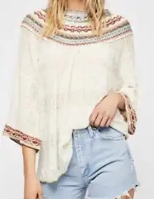 Free People Embroidered Knit Tunic Top Cream Multi Color Bell Sleeve Boho Size S