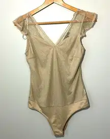 Ambiance Lace Bodysuit with cap sleeve. Khaki. Large.