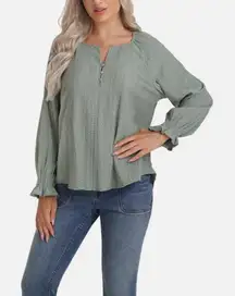 Frye Embroidered Boho Blouse Smocked Cuff Split Neck Green Long Sleeve S NWT