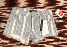 NEW NWT Micro Mini Baddie Hot Girl Low Rise Denim Jean Blue White Stripes Booty Shorts Frayed Hem #grunge #punk #retro #clubbing #festival Size 0 - Measurement in pics