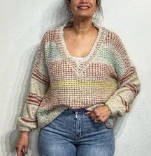 Adora Rory Striped Chunky Knit Oversized V-Neck Sweater Sz M