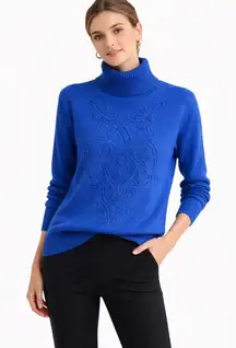Oscar de la Renta VTG turtleneck sweater royal blue embroidered beaded XL