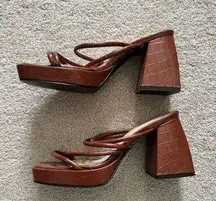 Strappy Brown Leather Crocodile Chunk Heel