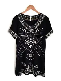 MONORENO V NECK BOHO EMBROIDERED DRESS SHADES OF GRAY SZ M