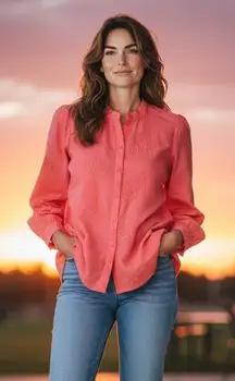 Anthropologie NWT Pilcro Embroidered Button Down Blouse Coral Petite LP Career #