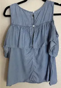 SO Womens Large Chambray Tiered Cropped Blouse Top Preppy Boho Going Out