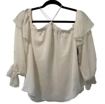 1 State Ruffle Blouse Crisscross Back Sheer Top Antique White Size S‎