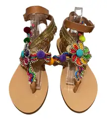 Elina Linardaki Embellished Coin Thong Sandals Tan Womens Size 40 US 9 Nwot