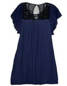 Jenny Han Dress Womens Small Blue Black Lace Shift Pleated Silk Date Night Party