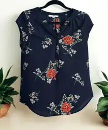 Fun 2 Fun Navy Blue Multicolor Small Floral Short Cap Sleeve Split V-Neck Blouse