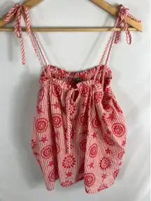 Aerie Eyelet Stripe Tie Shoulder Breezy Flowy Tank Red White Size Medium