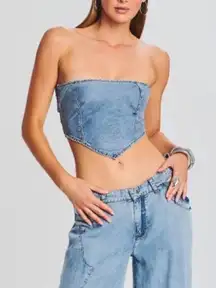 NWT SER.O.YA Tate‎ Denim Top in Coastline Blue Wash Sz MEDIUM Strapless Tie Back