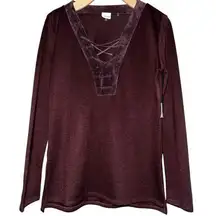 Ecru Women’s Size S Deep Burgundy Wine Ribbed Knit Lace Up V-Neck Top Sweater
