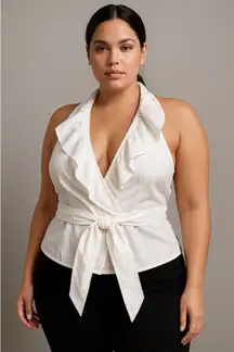 Zara Women’s L White Halter Wrap Top Ruffle Front Backless Tie Waist Y2K Bridal