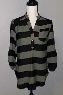 Boutique  Green & Black Sheer Striped Blouse Size Small