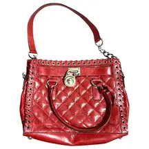 Michael Kors Hamilton Whipstitch Grommet Diamond Quilted Tote Shoulder Bag Red