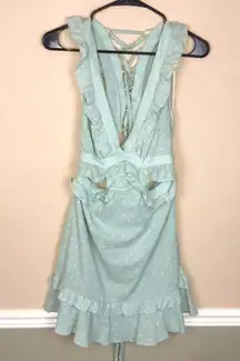 Altar’d State Women’s Swiss Dot Ruffle Cut Out Green Lace-Up Back Mini Dress