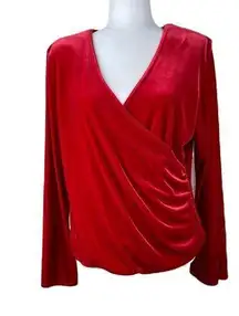 VTG MSK Women Red Velvet long sleeve wrap top side gathered shoulder pads 1X