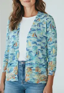 Talbots Sailboat Coral Nautical Coastal 100% Cotton Button Down Cardigan Size L