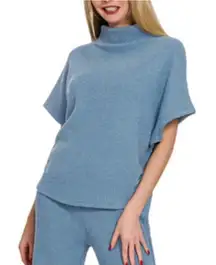 Zenana Women’s Blue Waffle Knit Mock Neck Lounge Top Sz L