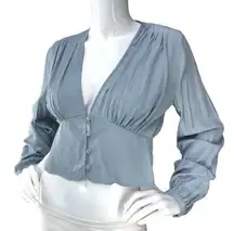 NBD Womens Size S Cropped Blouse Button Detail Balloon Sleeve Vneck Blue Top