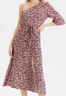 Women’s XS  Multi Floral One Shoulder Slit Tie Waist Midi Dress